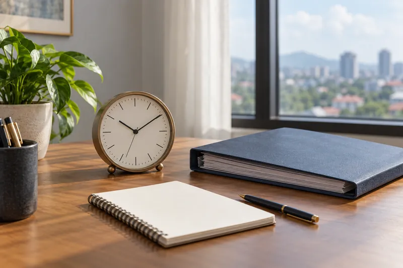 An analogue clock beside a closed employment file and notebook.