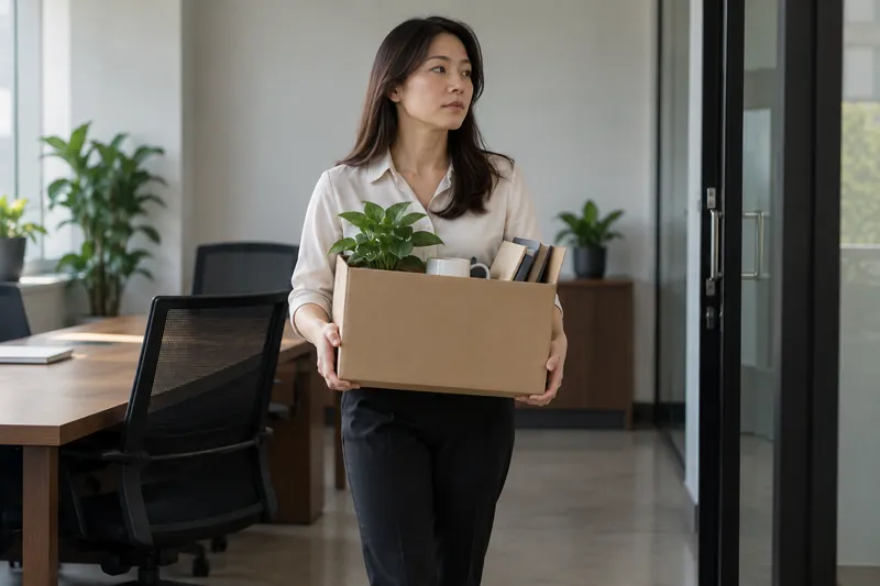 An adult carrying a cardboard box of belongings through an office.