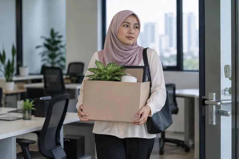 Seorang dewasa dengan kotak barang peribadi di tepi pintu pejabat.