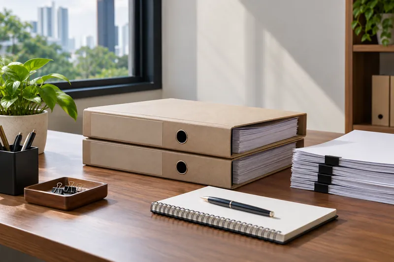 Employment folders, a notebook and neatly arranged paper records.