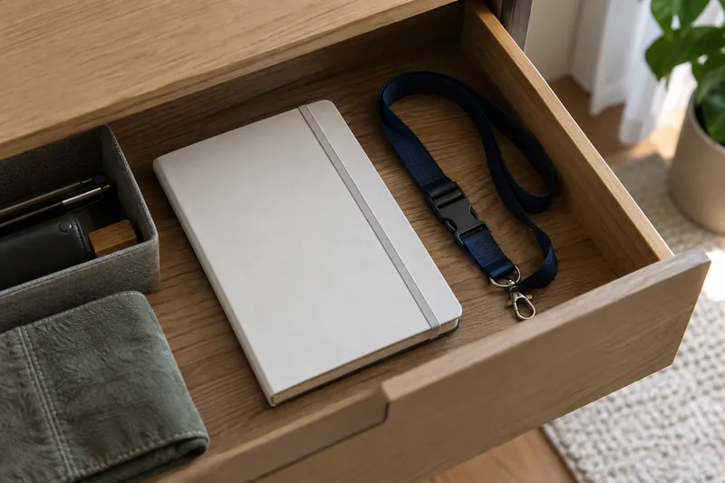 A closed notebook and plain lanyard inside a wooden drawer.