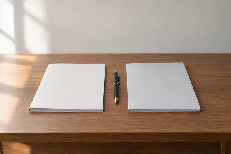 Two plain closed booklets and a pen on a wooden desk.