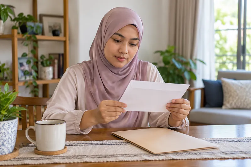 Seorang dewasa menyemak surat pekerjaan di rumah.