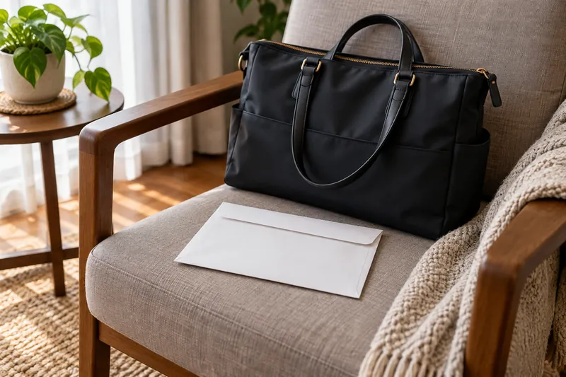 A plain envelope beside a black work bag on an upholstered chair.