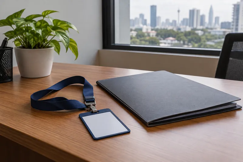 A plain lanyard with a blank card beside a closed folder.