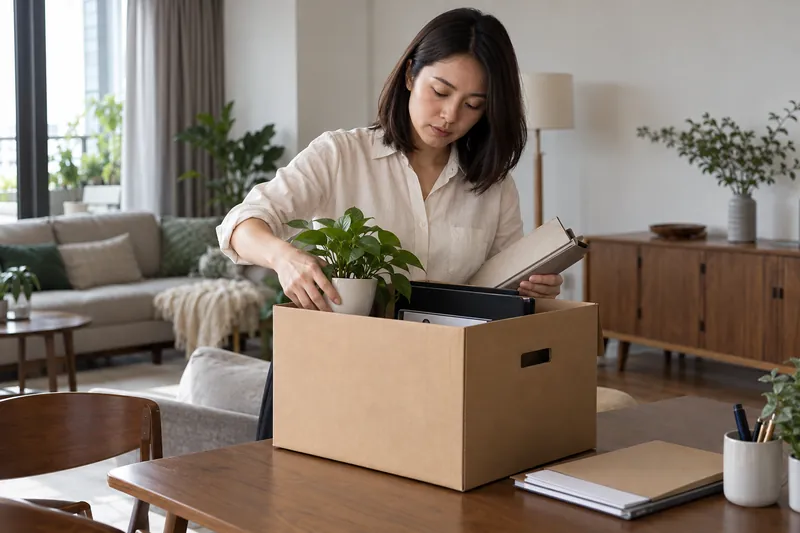一名成年人在家把盆栽和文件夹放进纸箱。