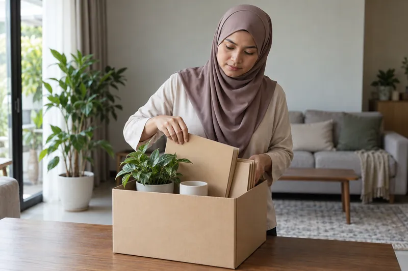Seorang dewasa meletakkan fail tanpa tulisan ke dalam kotak bersama pokok pasu dan cawan.
