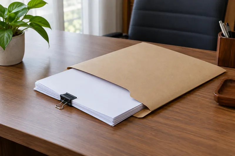 Clipped blank papers partly inside a plain document wallet.