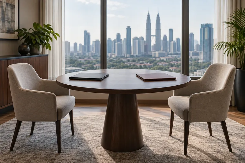 Two empty chairs and closed folders at a round table.