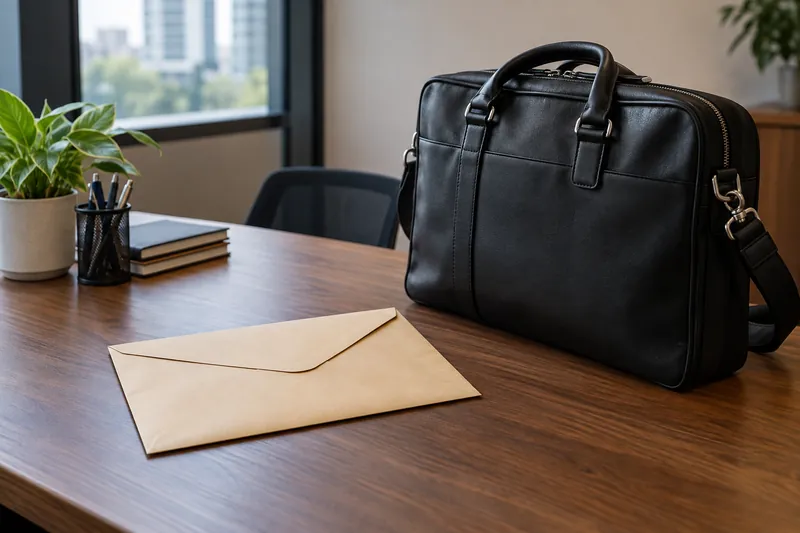 A sealed envelope beside a black work bag on a desk.