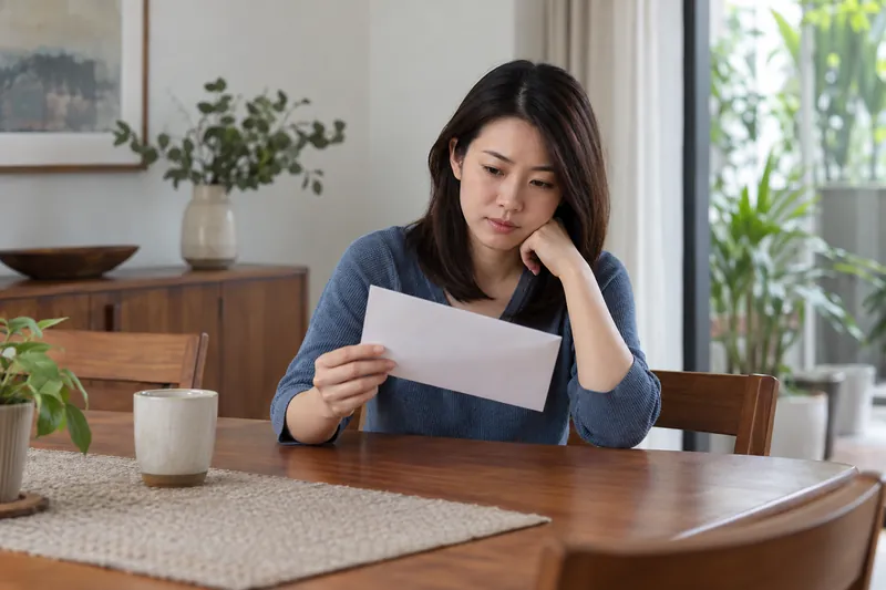 An adult seated at a dining table holding a plain envelope.