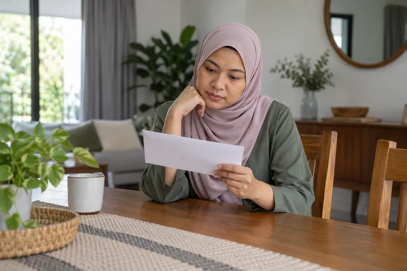 Seorang dewasa memegang sampul surat tanpa tulisan di meja makan.